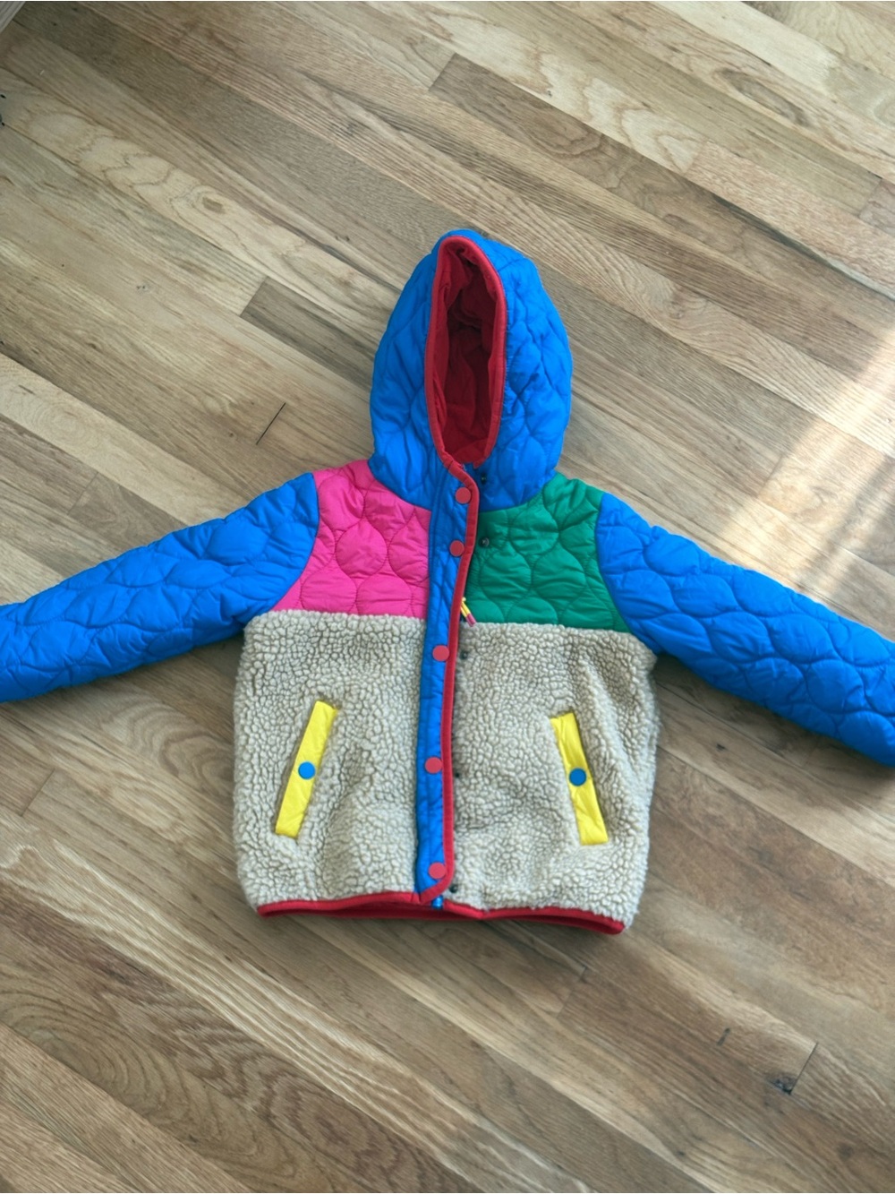 Boden Colorblock Quilted & Sherpa Hooded Jacket - Blue/Pink/Green/Cream